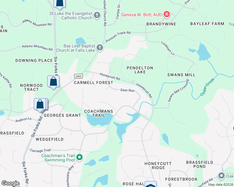 map of restaurants, bars, coffee shops, grocery stores, and more near 11805 Coachmans Way in Raleigh