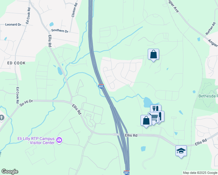 map of restaurants, bars, coffee shops, grocery stores, and more near 1045 Fitchie Place in Durham