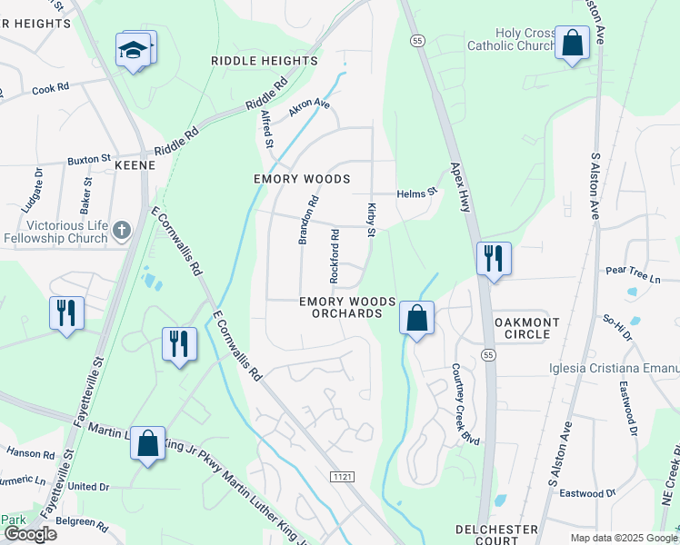map of restaurants, bars, coffee shops, grocery stores, and more near 3209 Kirby Street in Durham