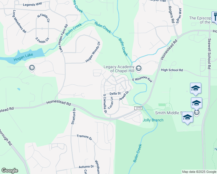 map of restaurants, bars, coffee shops, grocery stores, and more near 113 Della Street in Chapel Hill