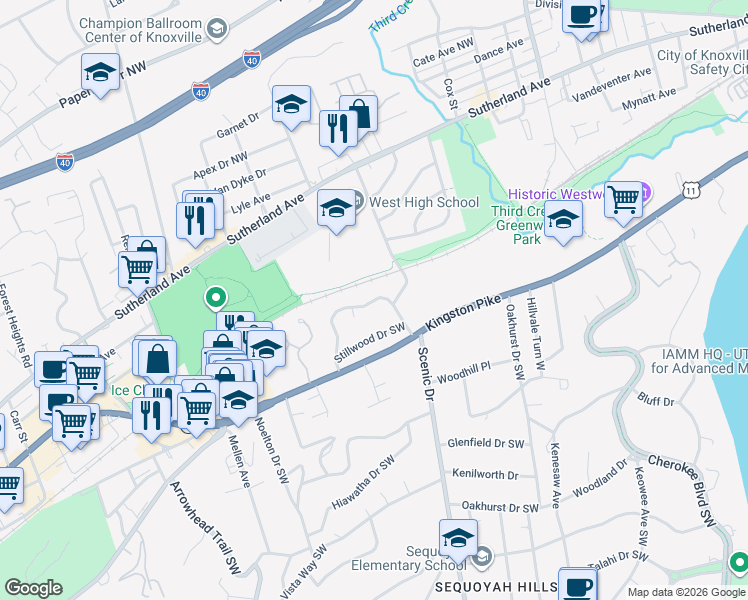 map of restaurants, bars, coffee shops, grocery stores, and more near 3932 Forest Glen Drive in Knoxville