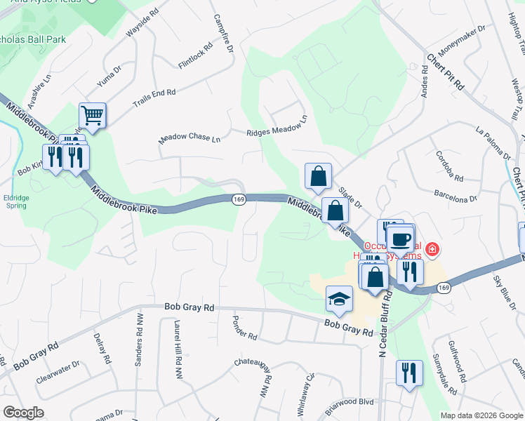 map of restaurants, bars, coffee shops, grocery stores, and more near 1100 Durham Road in Knoxville