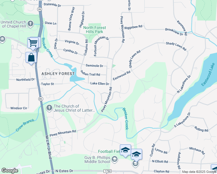 map of restaurants, bars, coffee shops, grocery stores, and more near 168 Lake Ellen Drive in Chapel Hill