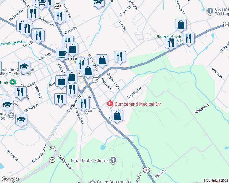 map of restaurants, bars, coffee shops, grocery stores, and more near 15 Webb Avenue in Crossville