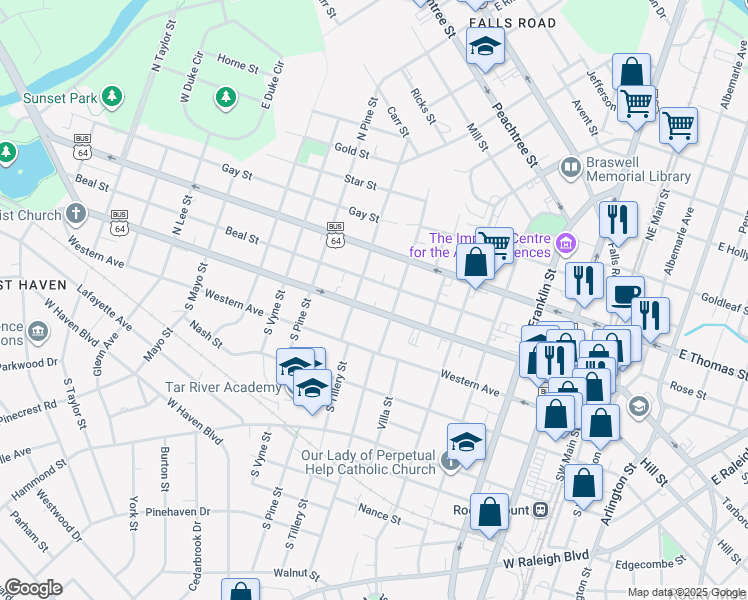 map of restaurants, bars, coffee shops, grocery stores, and more near 718 Sunset Avenue in Rocky Mount