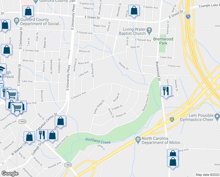 map of restaurants, bars, coffee shops, grocery stores, and more near 1404 Valley Ridge Drive in High Point