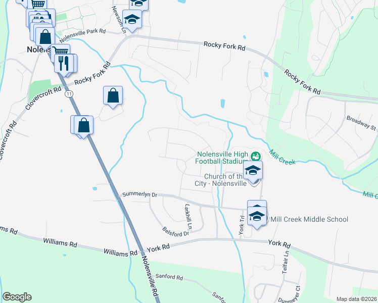 map of restaurants, bars, coffee shops, grocery stores, and more near 3202 Bradfield Drive in Nolensville