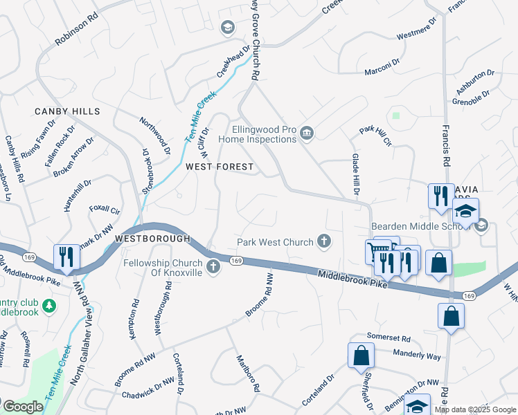 map of restaurants, bars, coffee shops, grocery stores, and more near 1135 Webster Groves Lane in Knoxville