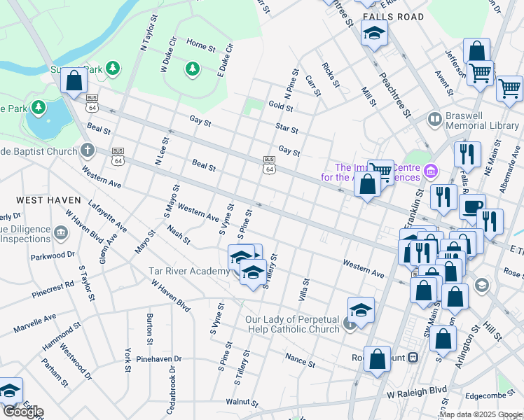 map of restaurants, bars, coffee shops, grocery stores, and more near 827 Sunset Avenue in Rocky Mount