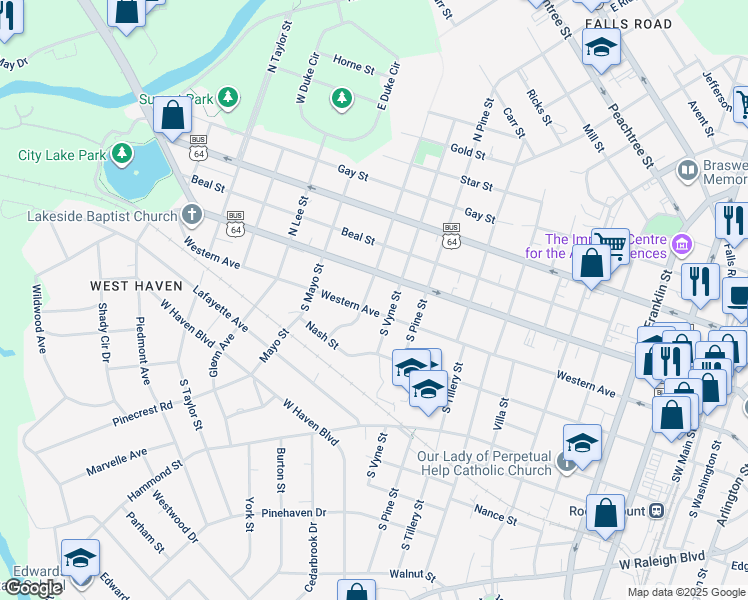 map of restaurants, bars, coffee shops, grocery stores, and more near 123 South Harris Street in Rocky Mount