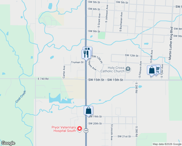 map of restaurants, bars, coffee shops, grocery stores, and more near 1501 South Dewey Avenue in Wagoner