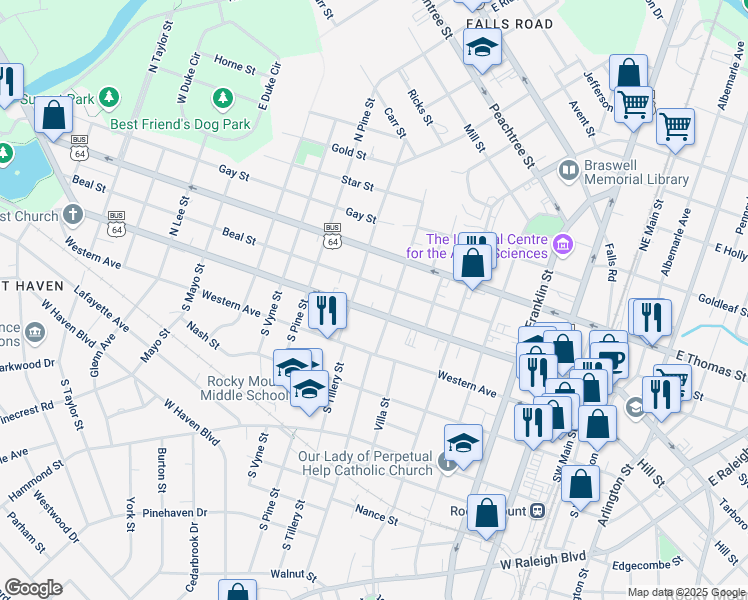 map of restaurants, bars, coffee shops, grocery stores, and more near 784 Beal Street in Rocky Mount