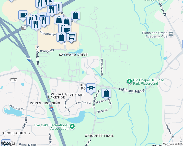 map of restaurants, bars, coffee shops, grocery stores, and more near 9304 Rose Garden Lane in Durham