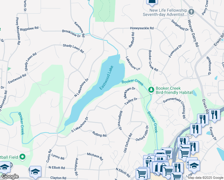 map of restaurants, bars, coffee shops, grocery stores, and more near 2025 South Lakeshore Drive in Chapel Hill