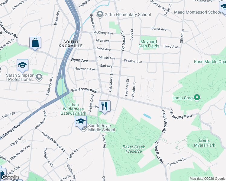 map of restaurants, bars, coffee shops, grocery stores, and more near 3502 Oak Grove Street in Knoxville