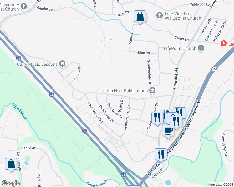 map of restaurants, bars, coffee shops, grocery stores, and more near 710 General Barksdale Drive in Smyrna