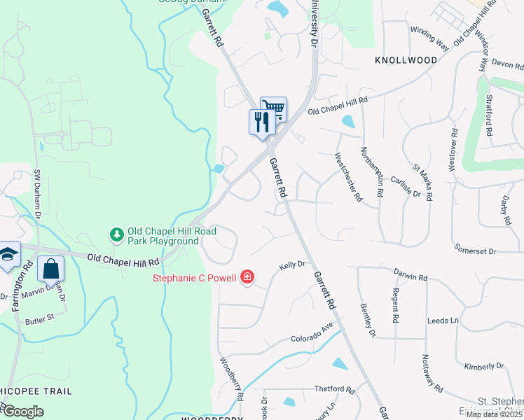 map of restaurants, bars, coffee shops, grocery stores, and more near 5406 Garrett Road in Durham