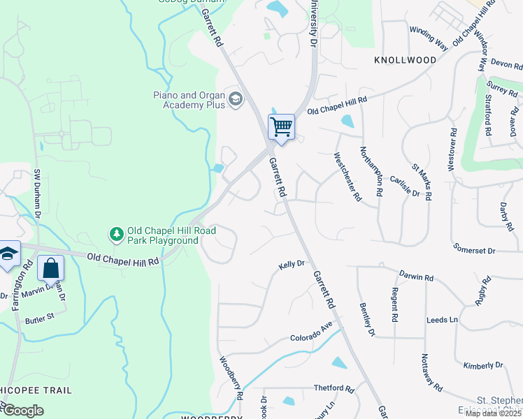 map of restaurants, bars, coffee shops, grocery stores, and more near 5406 Garrett Road in Durham
