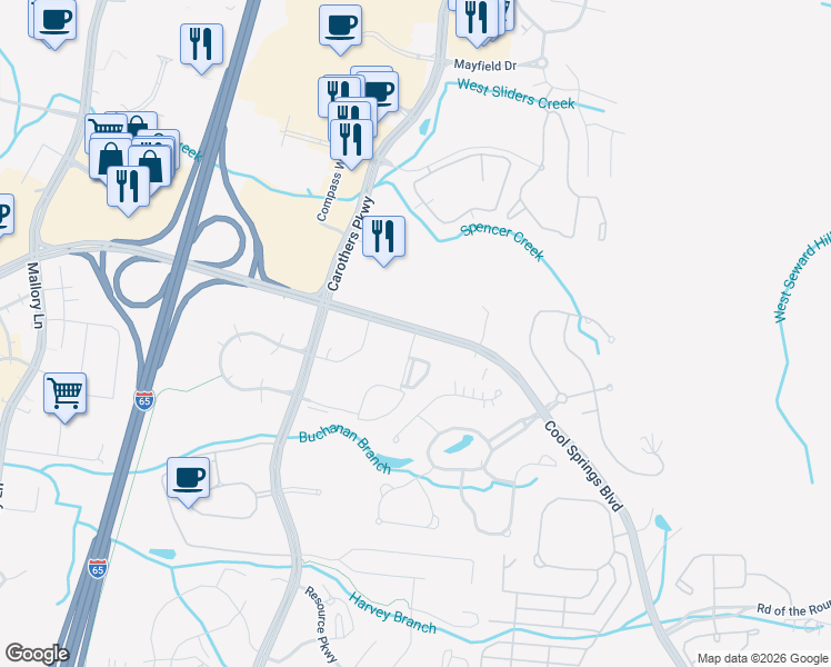 map of restaurants, bars, coffee shops, grocery stores, and more near 725 Cool Springs Boulevard in Franklin
