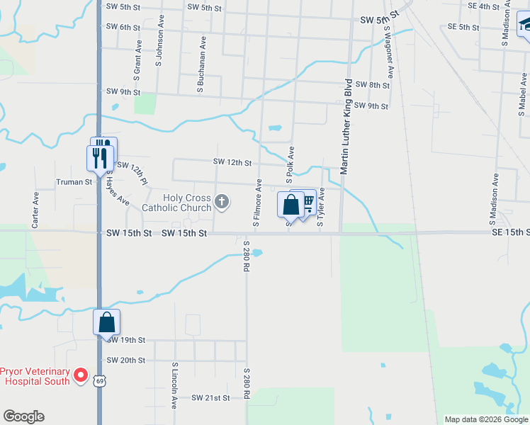 map of restaurants, bars, coffee shops, grocery stores, and more near 520 Southwest 13th Street in Wagoner