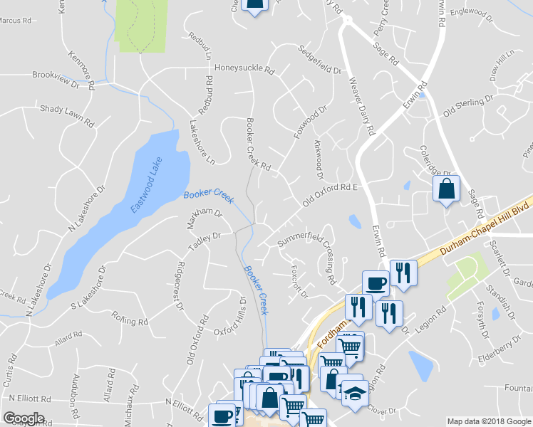map of restaurants, bars, coffee shops, grocery stores, and more near 2213 Stayman Circle in Chapel Hill