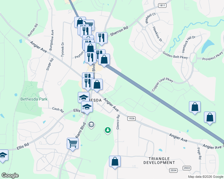 map of restaurants, bars, coffee shops, grocery stores, and more near 1924 Bailey Street in Durham