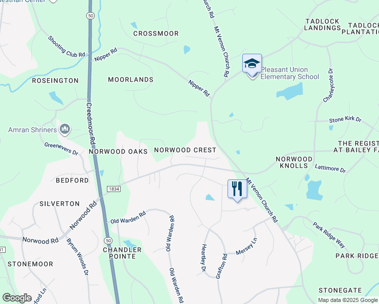 map of restaurants, bars, coffee shops, grocery stores, and more near 1428 Norwood Crest Court in Raleigh