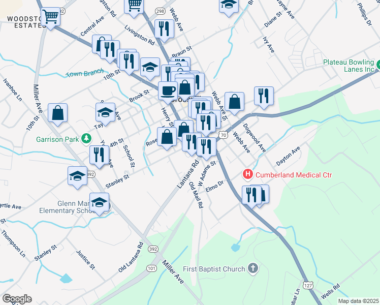 map of restaurants, bars, coffee shops, grocery stores, and more near Crossville Medical Drive in Crossville