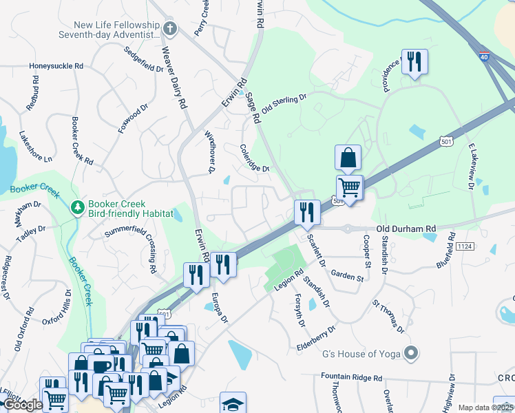 map of restaurants, bars, coffee shops, grocery stores, and more near 1749 Dobbins Drive in Chapel Hill