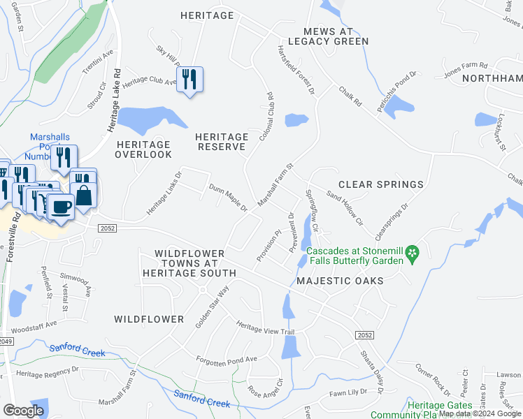map of restaurants, bars, coffee shops, grocery stores, and more near 1304 Marshall Farm Street in Wake Forest