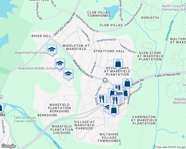 map of restaurants, bars, coffee shops, grocery stores, and more near 12304 Canolder Street in Raleigh