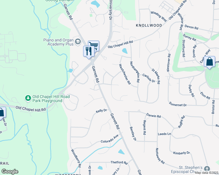 map of restaurants, bars, coffee shops, grocery stores, and more near 4201 Champaign Drive in Durham
