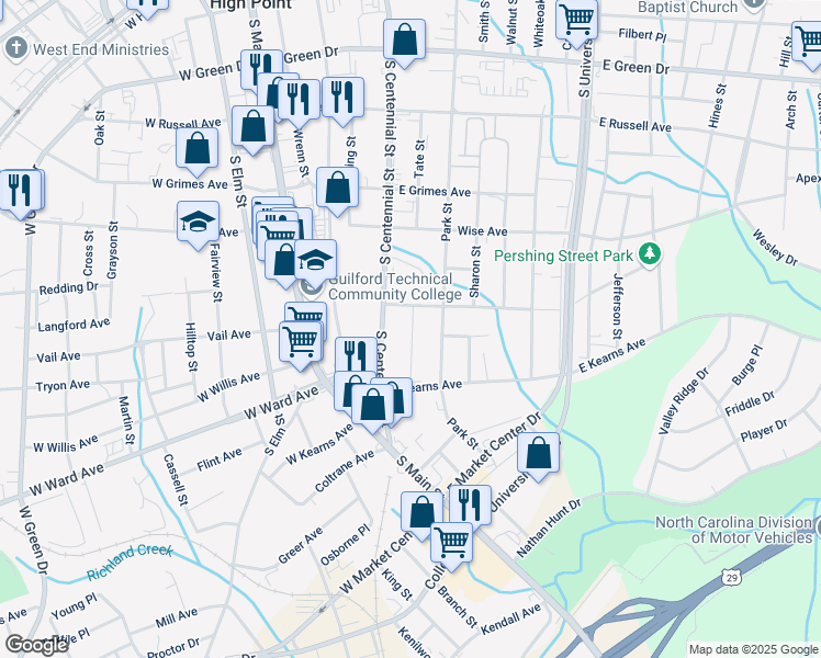 map of restaurants, bars, coffee shops, grocery stores, and more near 810 Tate Street in High Point