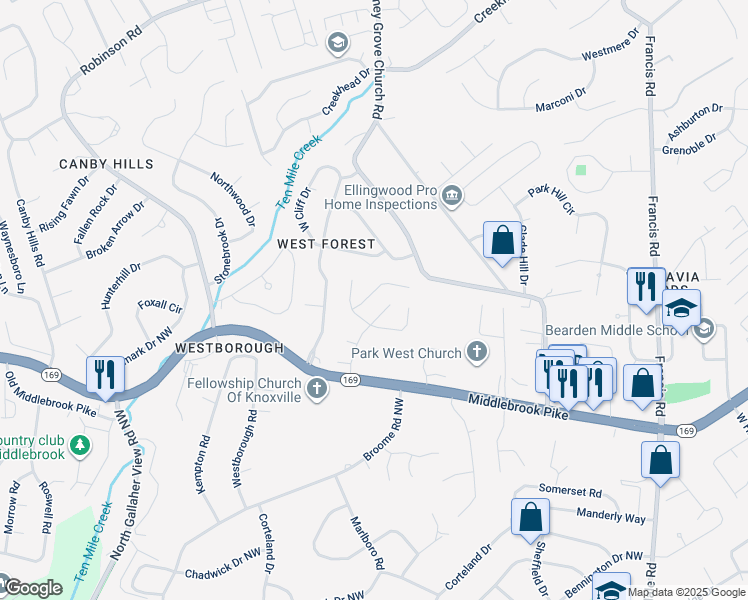 map of restaurants, bars, coffee shops, grocery stores, and more near 1132 Harbin Ridge Lane in Knoxville