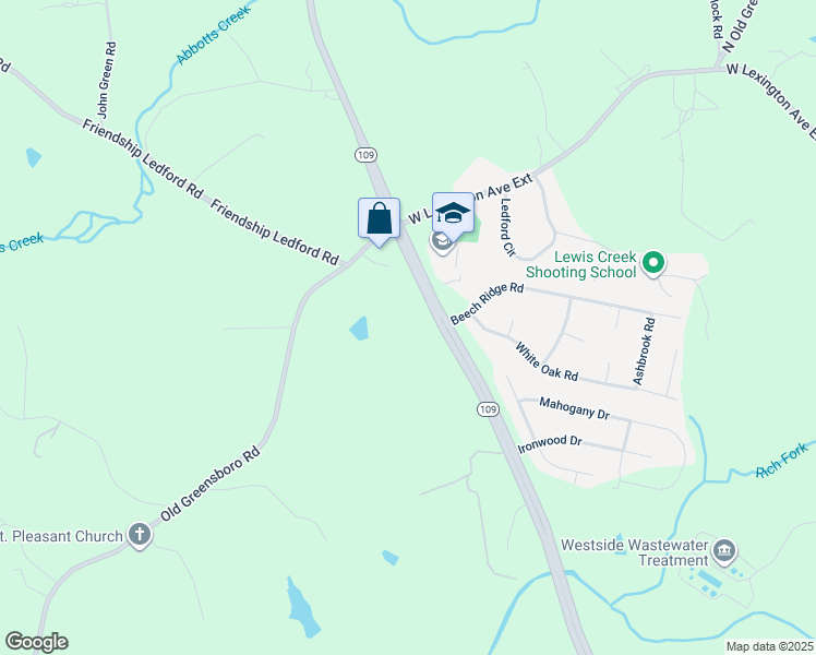 map of restaurants, bars, coffee shops, grocery stores, and more near North Carolina 109 in Thomasville
