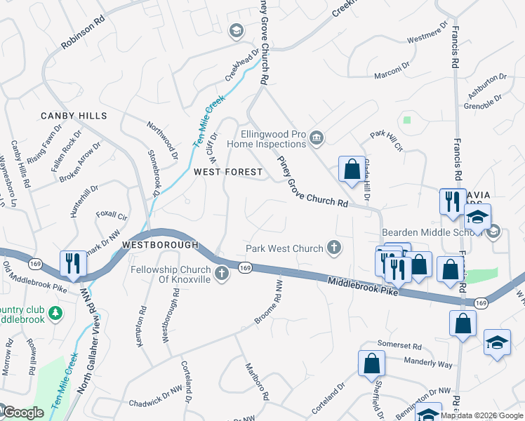 map of restaurants, bars, coffee shops, grocery stores, and more near 1155 Harbin Ridge Lane in Knoxville