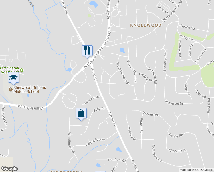 map of restaurants, bars, coffee shops, grocery stores, and more near 4201 Champaign Drive in Durham