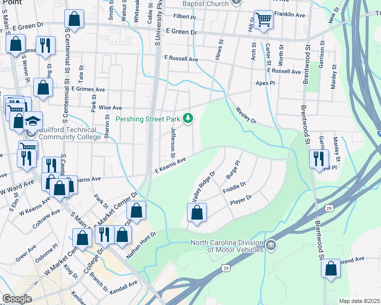 map of restaurants, bars, coffee shops, grocery stores, and more near 1017 East Kearns Avenue in High Point
