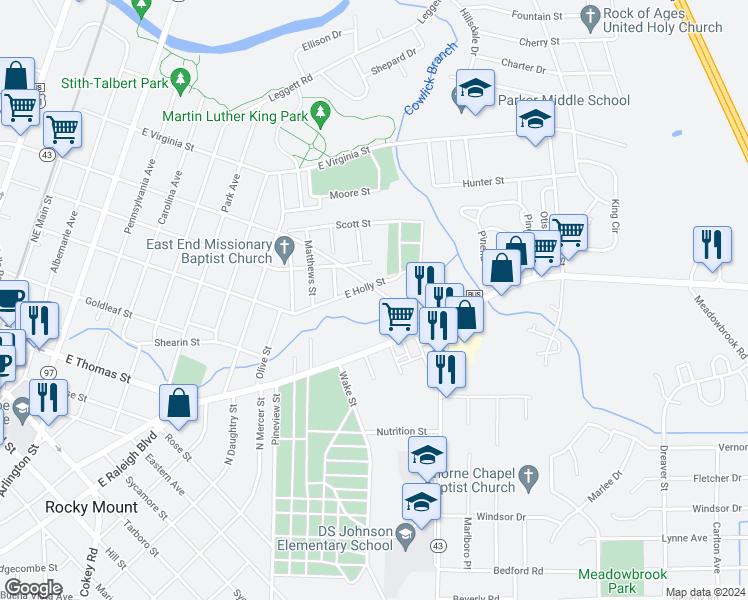 map of restaurants, bars, coffee shops, grocery stores, and more near 1300 East Holly Street in Rocky Mount
