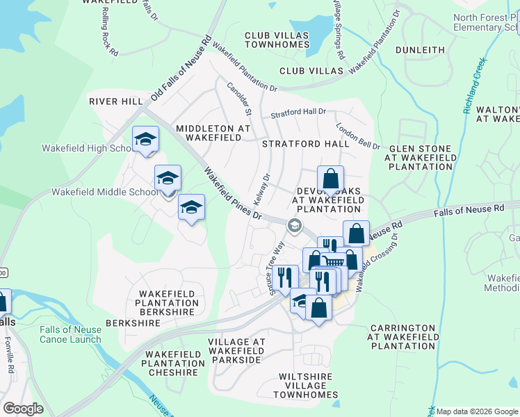 map of restaurants, bars, coffee shops, grocery stores, and more near 12304 Canolder Street in Raleigh