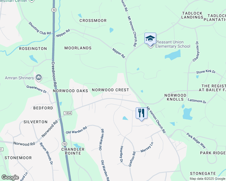 map of restaurants, bars, coffee shops, grocery stores, and more near 1428 Norwood Crest Court in Raleigh