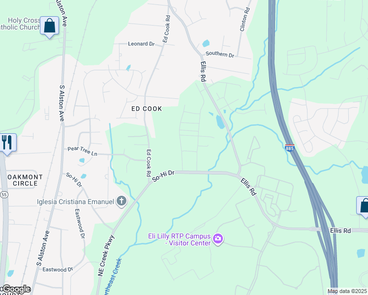map of restaurants, bars, coffee shops, grocery stores, and more near 221 Churment Court in Durham