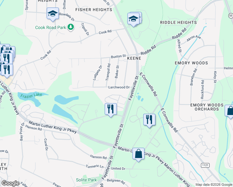 map of restaurants, bars, coffee shops, grocery stores, and more near 910 Larchwood Drive in Durham