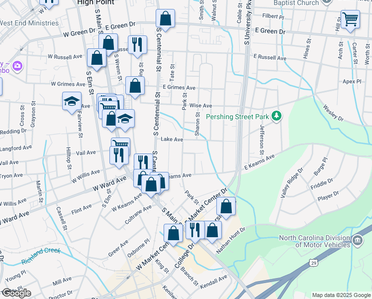 map of restaurants, bars, coffee shops, grocery stores, and more near 1000 Park Street in High Point