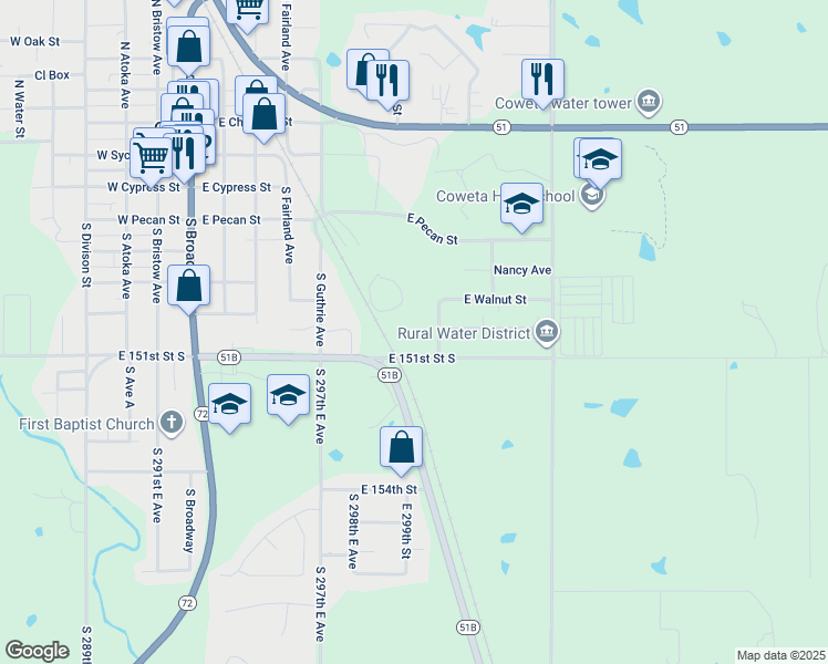 map of restaurants, bars, coffee shops, grocery stores, and more near 14906 South 301st East Avenue in Coweta