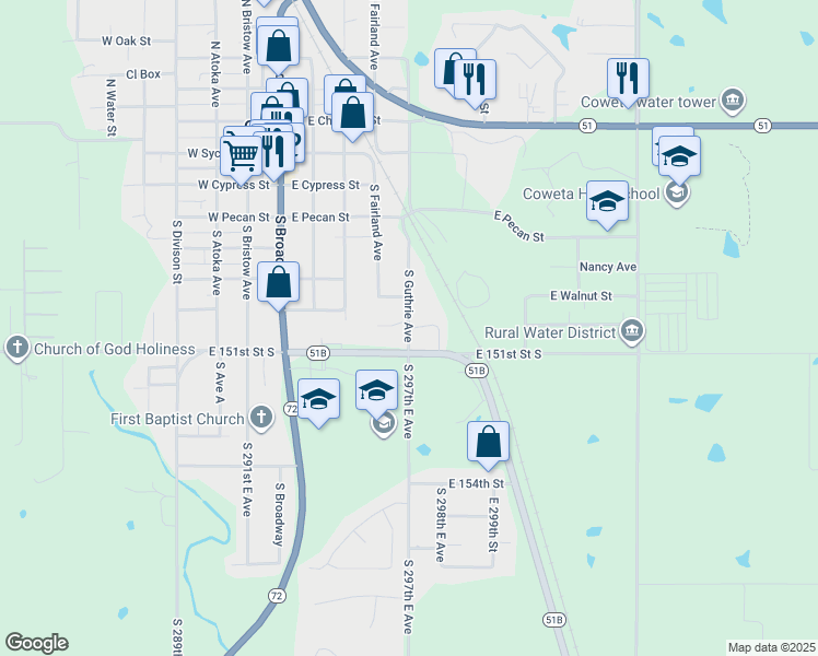 map of restaurants, bars, coffee shops, grocery stores, and more near 528 South Guthrie Avenue in Coweta