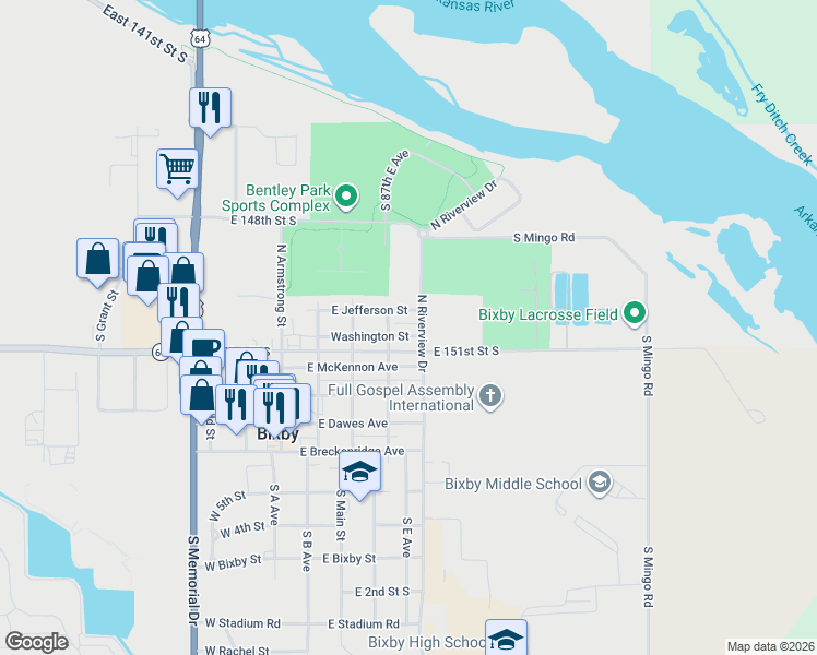map of restaurants, bars, coffee shops, grocery stores, and more near 315A East Jefferson Street in Bixby