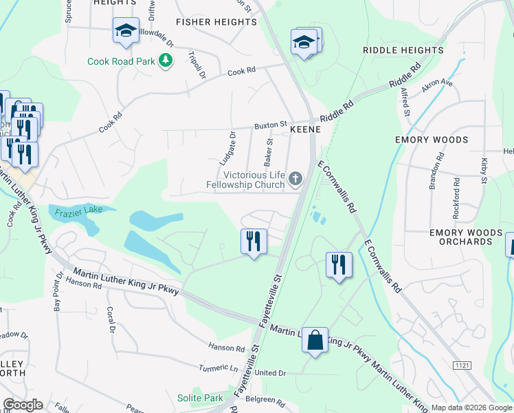 map of restaurants, bars, coffee shops, grocery stores, and more near 317 Marbella Grove Court in Durham