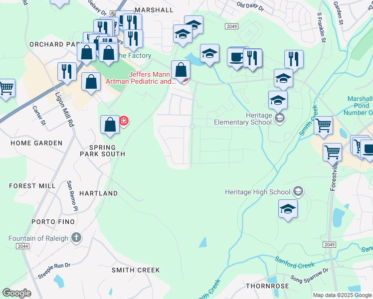 map of restaurants, bars, coffee shops, grocery stores, and more near 2117 Higley Drive in Wake Forest