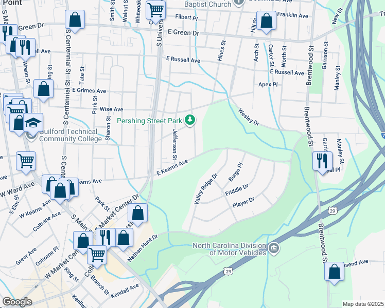 map of restaurants, bars, coffee shops, grocery stores, and more near 1017 East Kearns Avenue in High Point